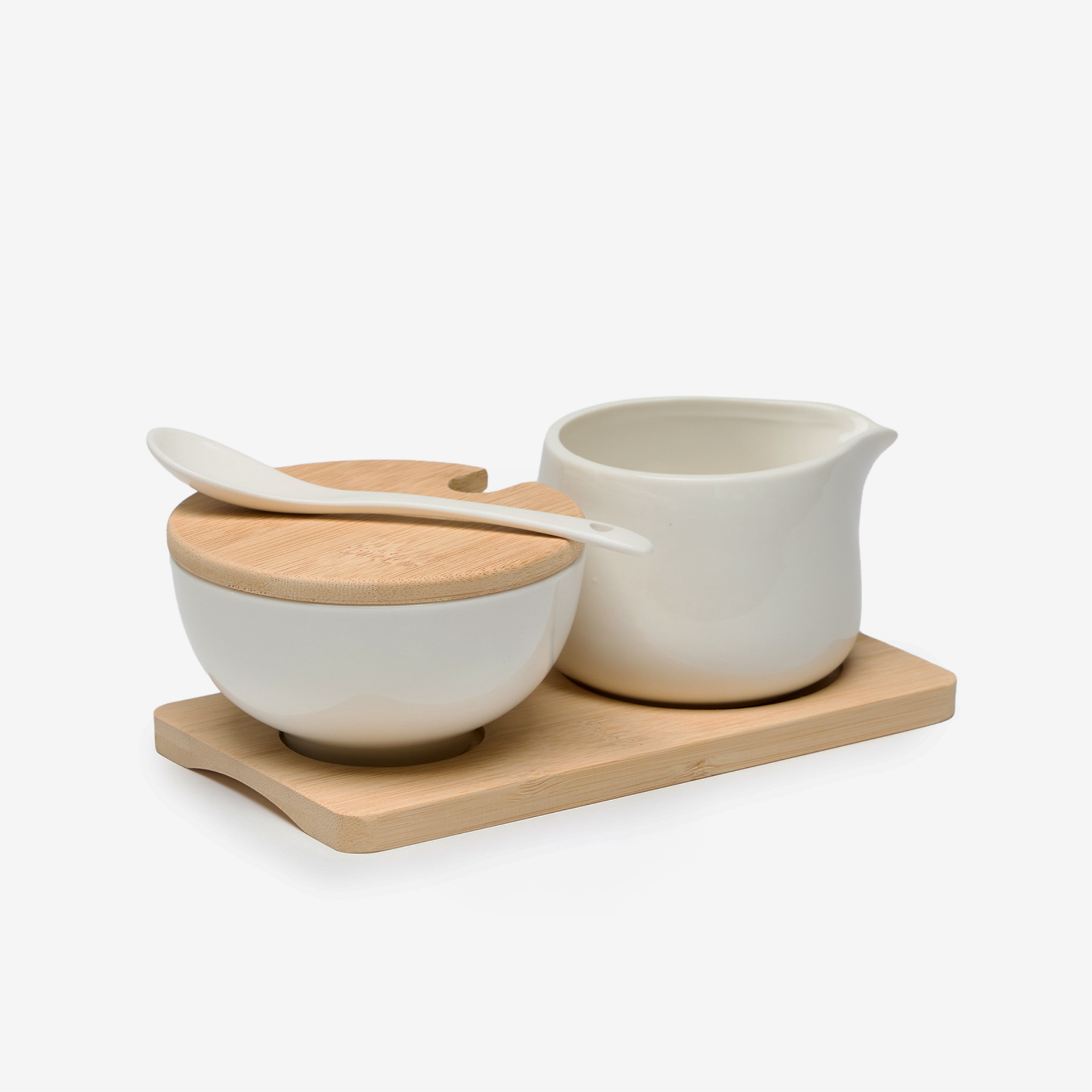 Açucareiro + Leiteira Cerâmica Com Bandeja Bambu