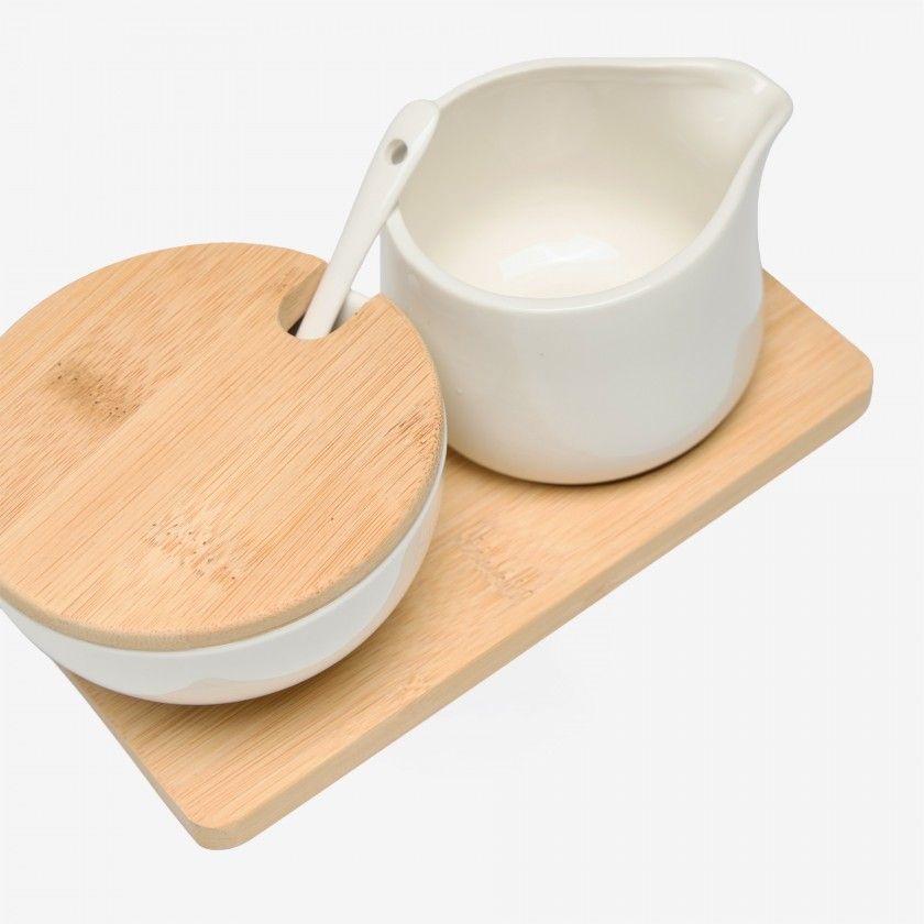 A�ucareiro + Leiteira Cer�mica Com Bandeja Bambu