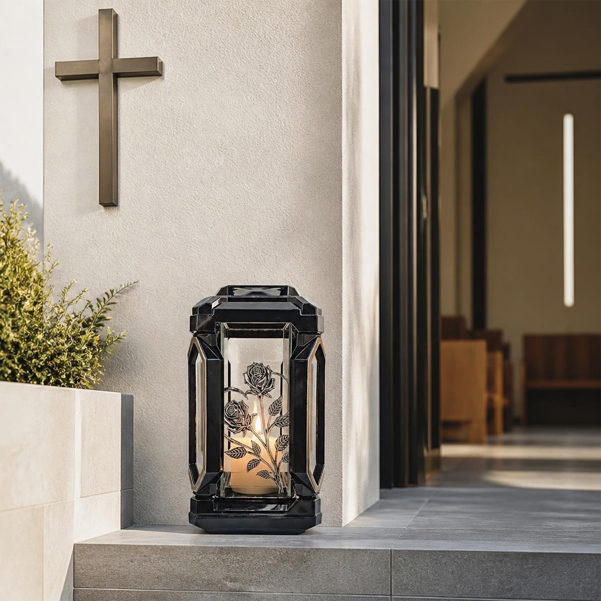 Candeeiro Quadrado Flor Prateado 32cm