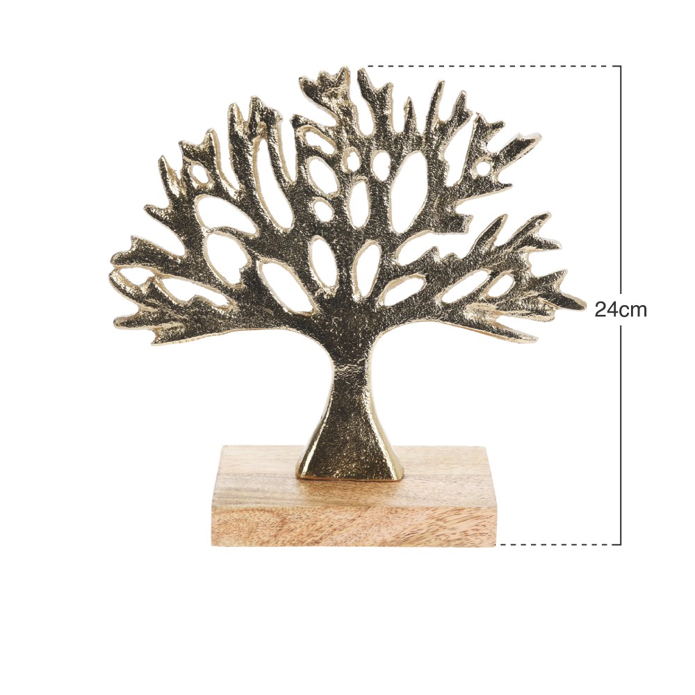 Árvore Alumínio Base Madeira Dourado 24cm